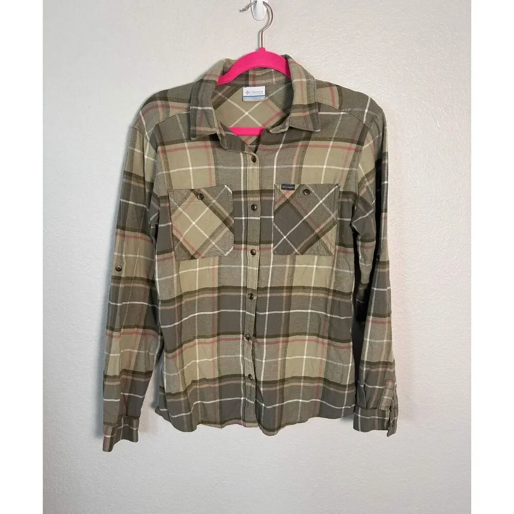 Columbia Women's Plaid Flannel Button Down Shirt Green Pink Size Medium Gorpcore - Picture 1 of 8